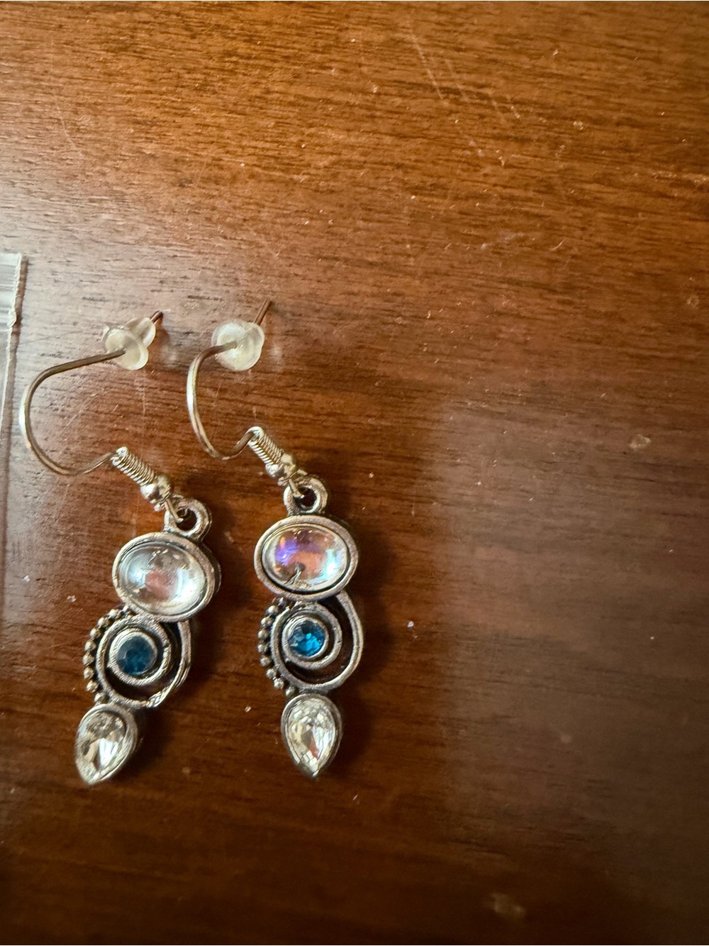 Silver-Tone Drop Earrings with Blue and Iridescent Stones - Women Jewelry